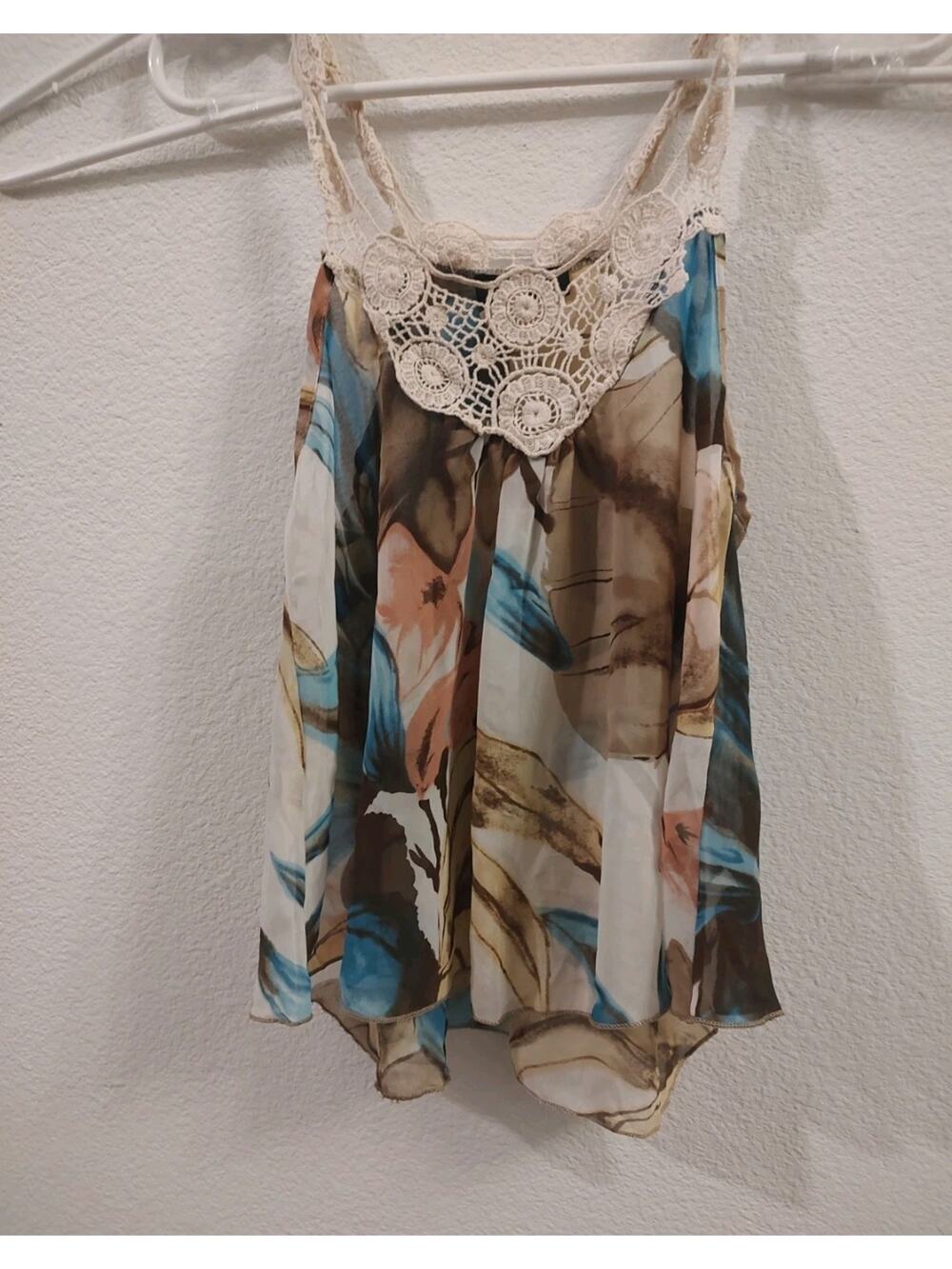 BEWARE! Womens Multi-color Sleeveless Top Biege Lace Detail Med Sheer Made USA